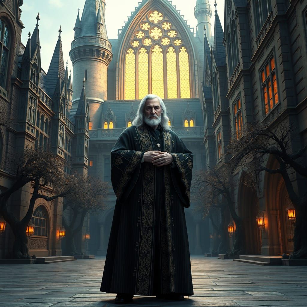 Elegant Albus Dumbledore in Whimsical Hogwarts Courtyard