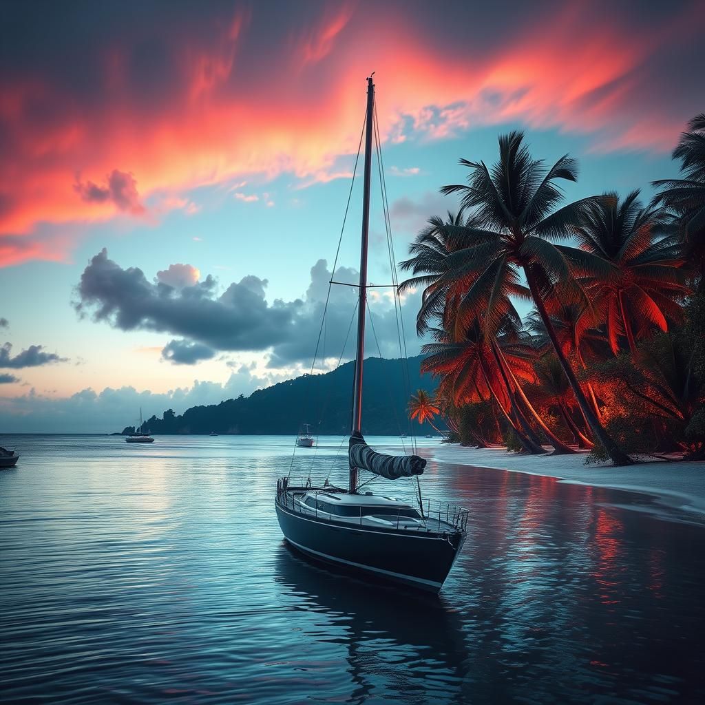 Tropical Beach Scene with Sailboat in HDR