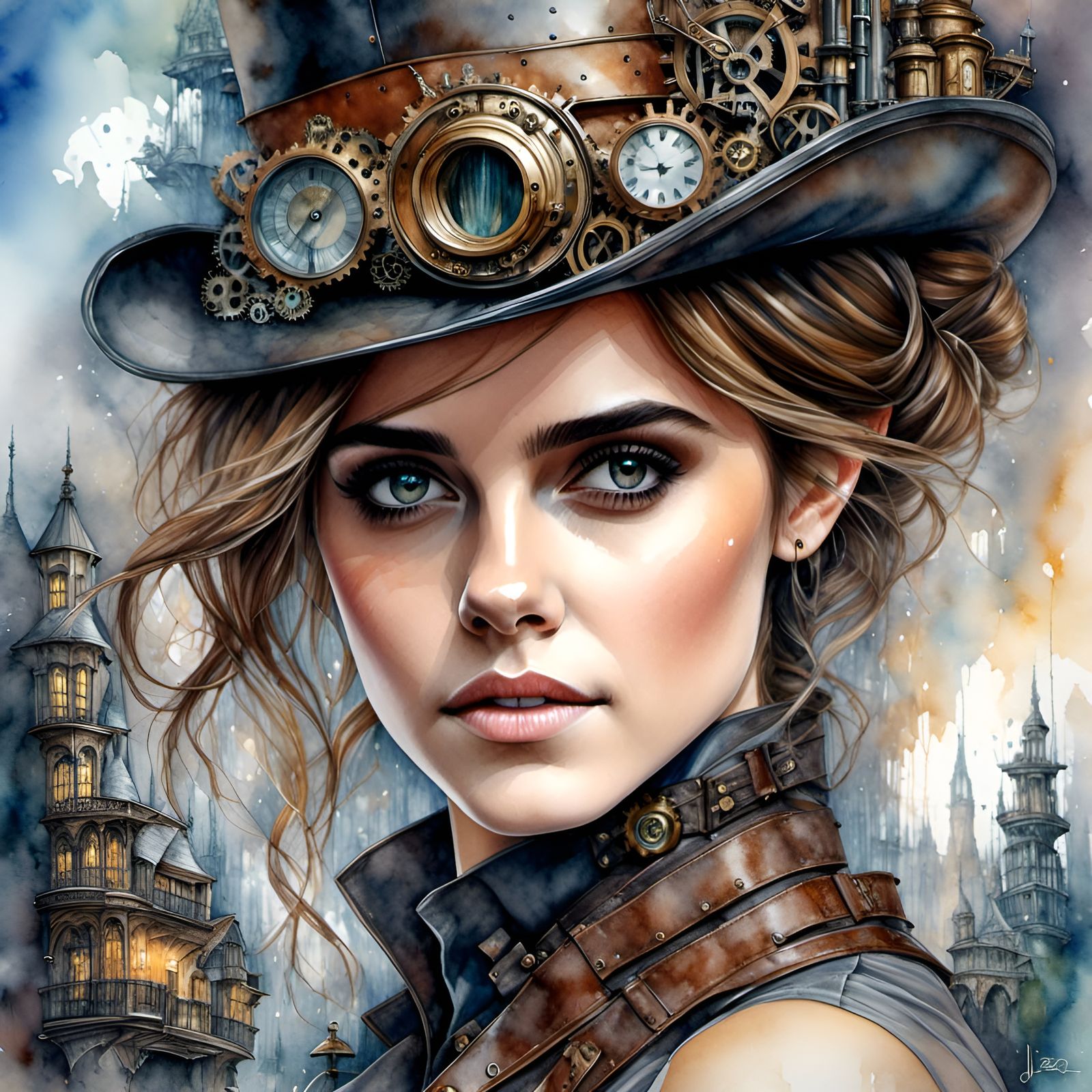 steampunk Emma Watson in a steampunk world, portrait