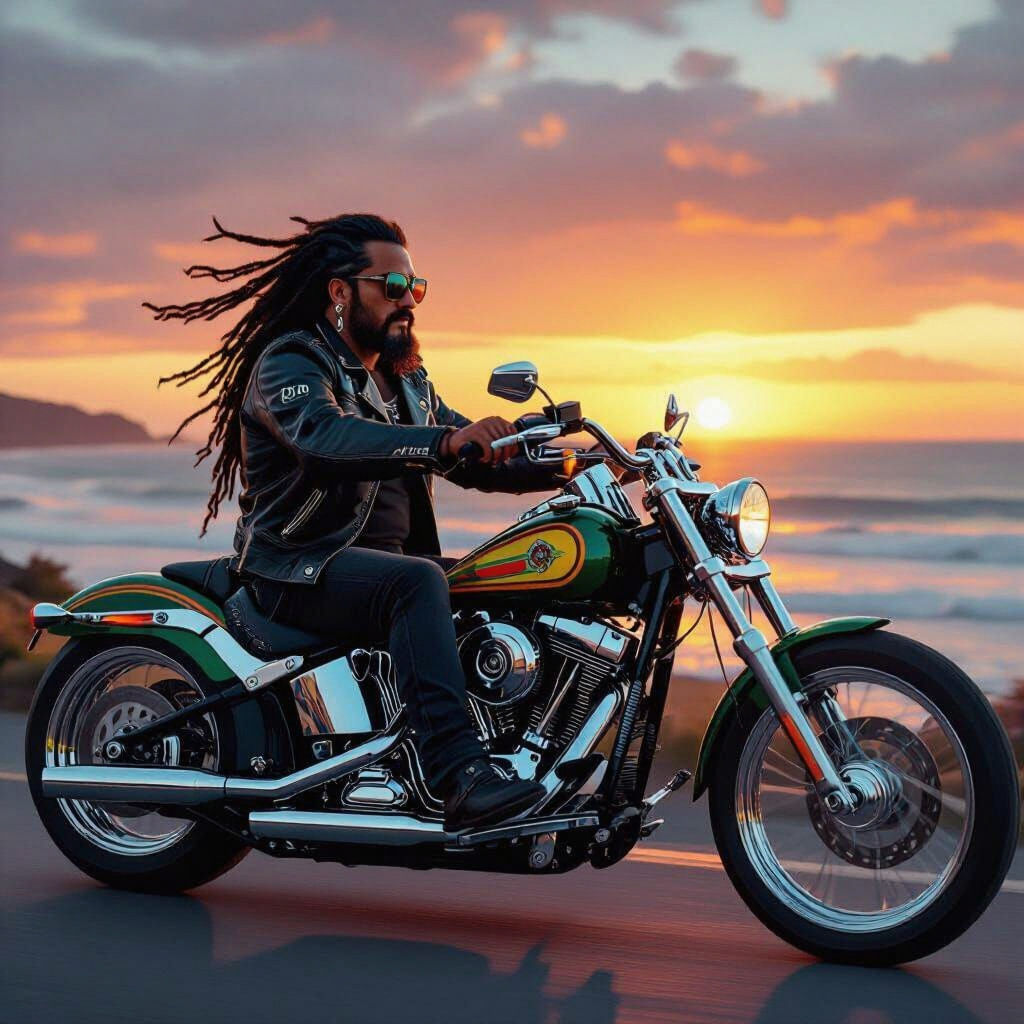 Maori Man Rides Chopper at Sunset in Stylized Art