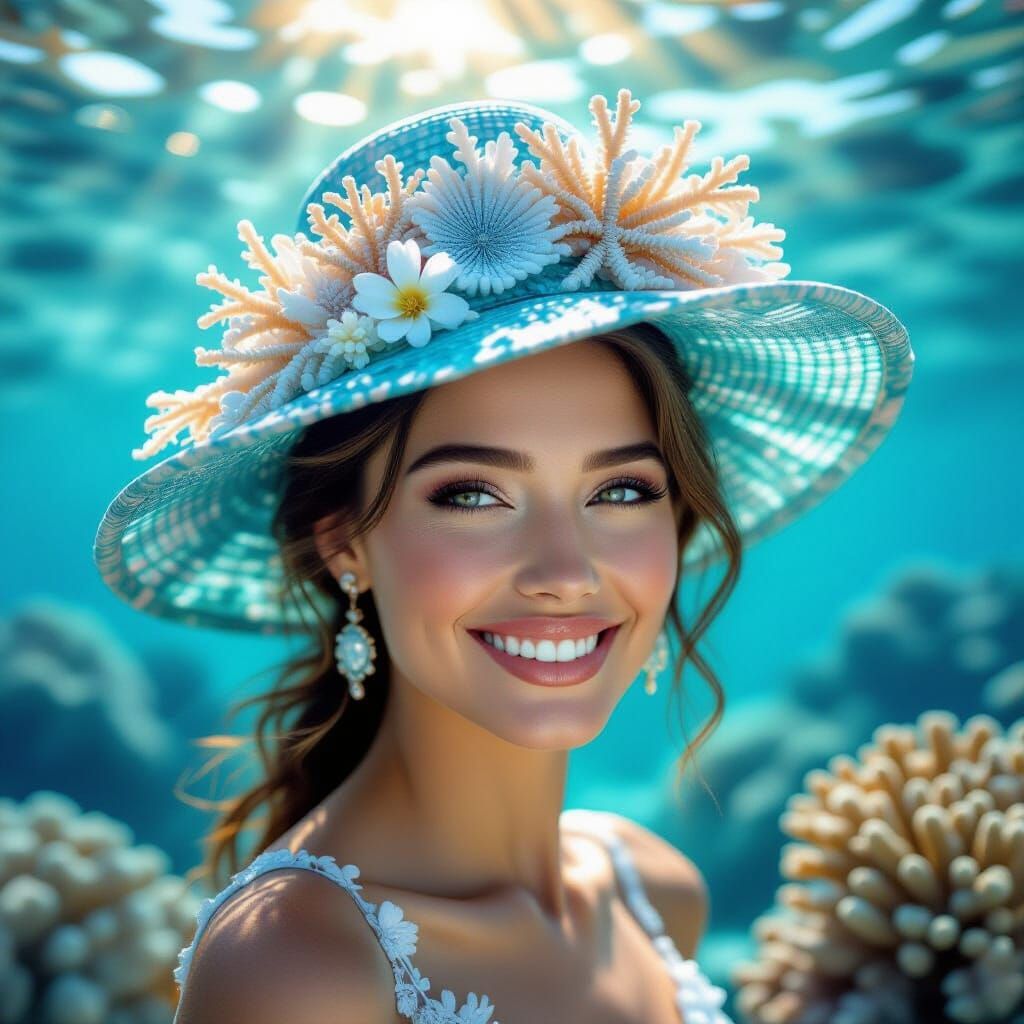 Woman in Ocean Glass Hat with Coral Reef Double Exposure