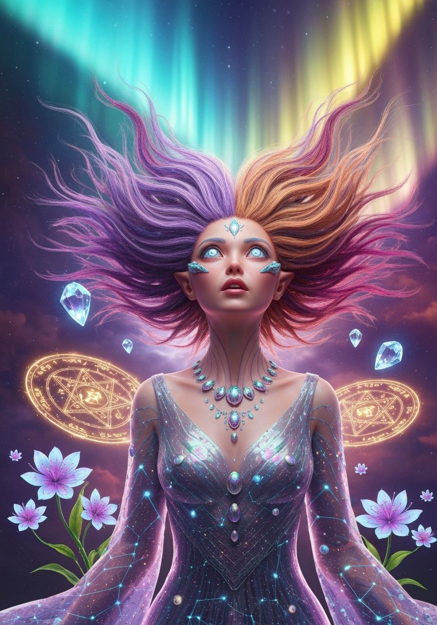 Alien Girl With Iridescent Eyes Gazes Upward