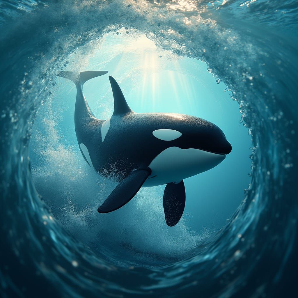 Sleek Orca Whales Leaping in Vibrant Oceanic Vortex