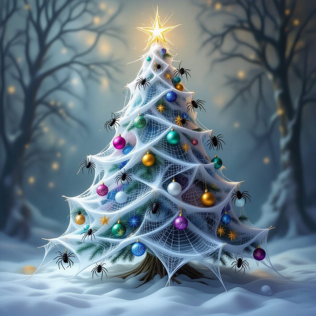 Iridescent Spiderweb Christmas Tree with Silk Spider Ornamen...