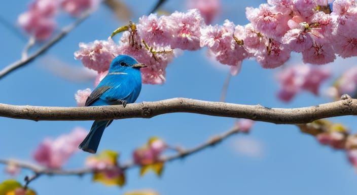 Cute Blue Bird on Cherry Blossom Branch in Sunlight
