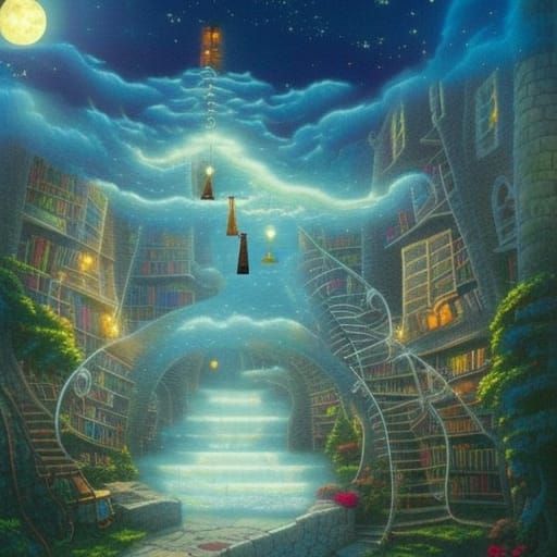 Magic Library with Flying Books in Ethereal Style