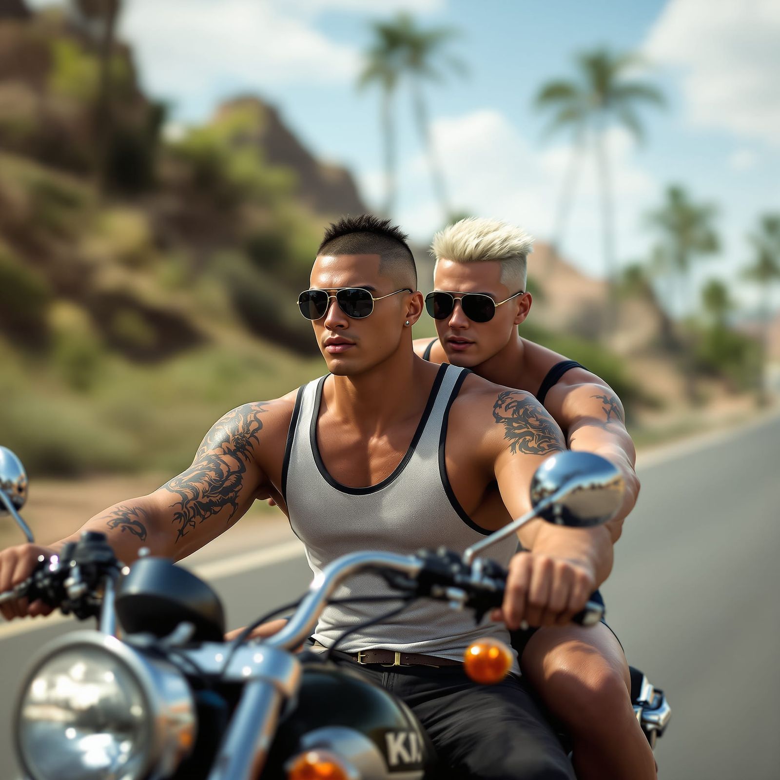 Two Men Ride Motorcycle in Epic 3D Game Style