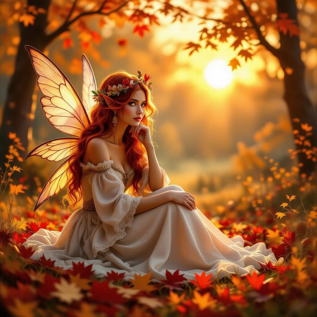 Fantasy Fairy with Autumn Crown in Enchanted Forest
