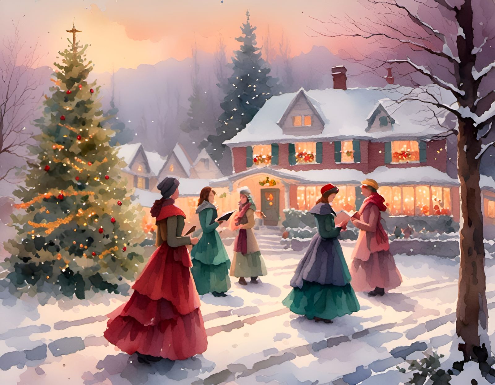 Christmas Carolers in Watercolor Winter Scene