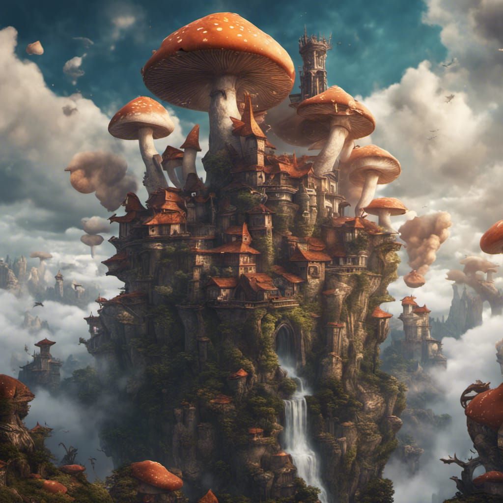Mushroom City in Clouds with Dragons: Fantasy Art