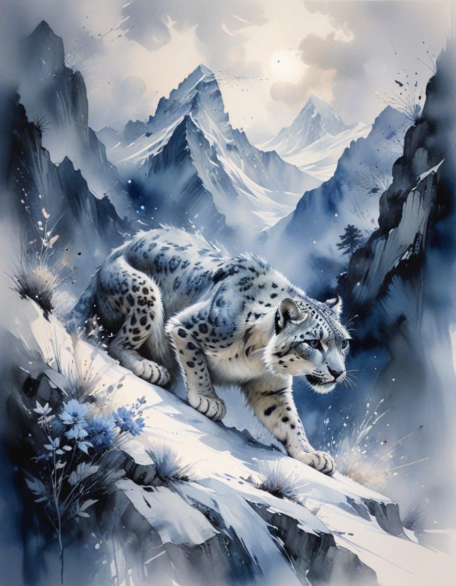 Snow Leopard in Misty Himalayan Pass: Sumi Ink Art