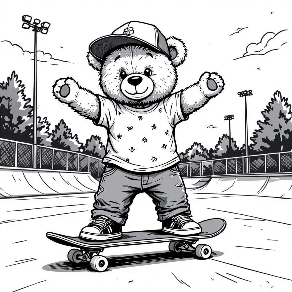 Cute Teddy Bear Skater in Coloring Book Style