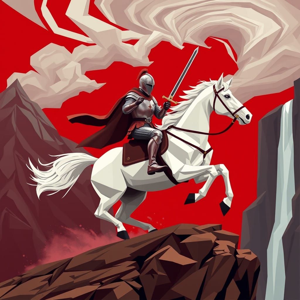 Surreal Knight in Majestic Landscape, in Neo-Cubist Style