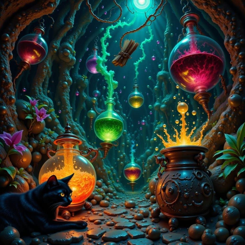 Magical Cauldron Scene With Spell Book and Black Cat