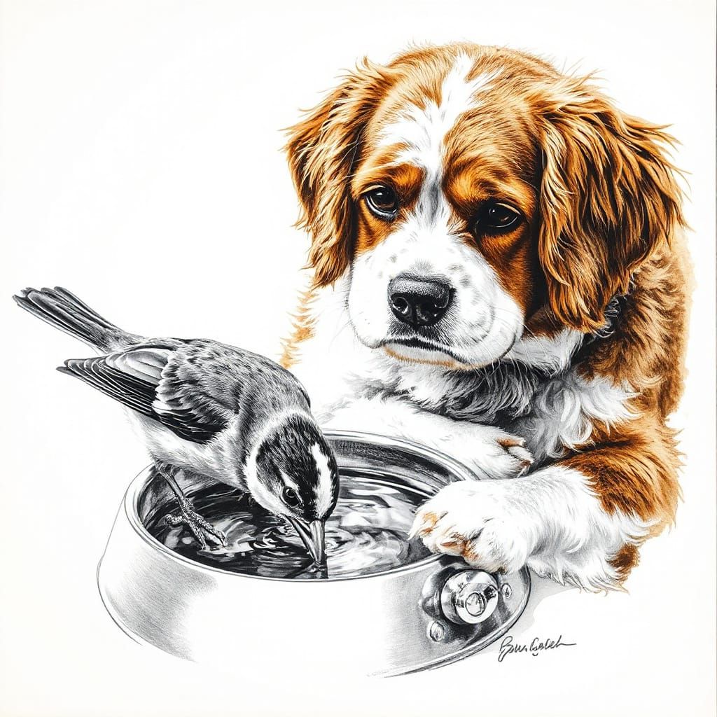 Sparrow Drinks From Dog Bowl: Charcoal Drawing
