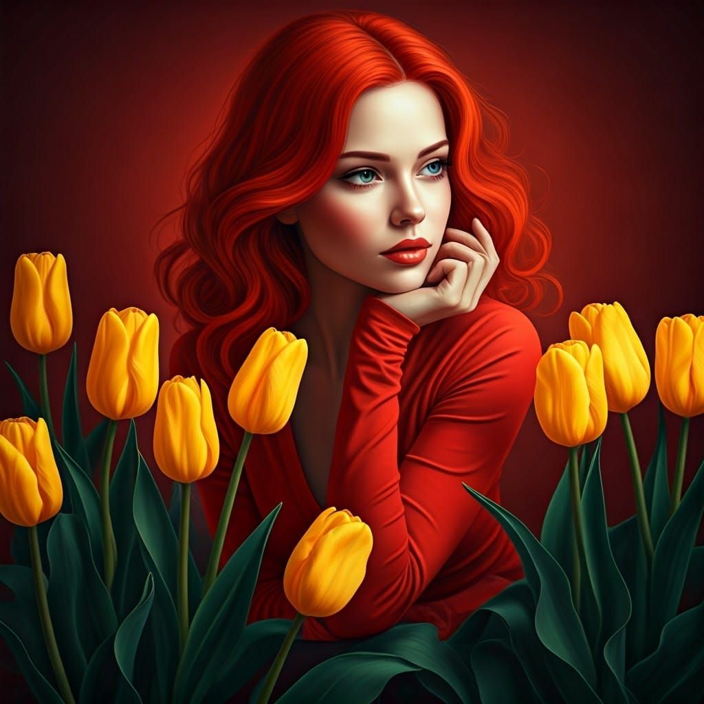 Lady in Red Among Yellow Tulips