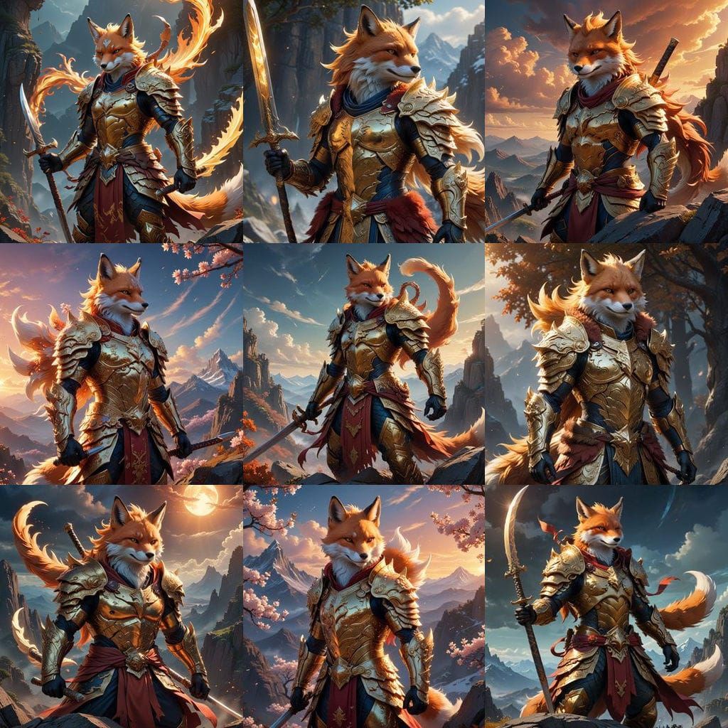 Heroic Fox-Dragon Warrior God in Celestial Armor, Bathing in...