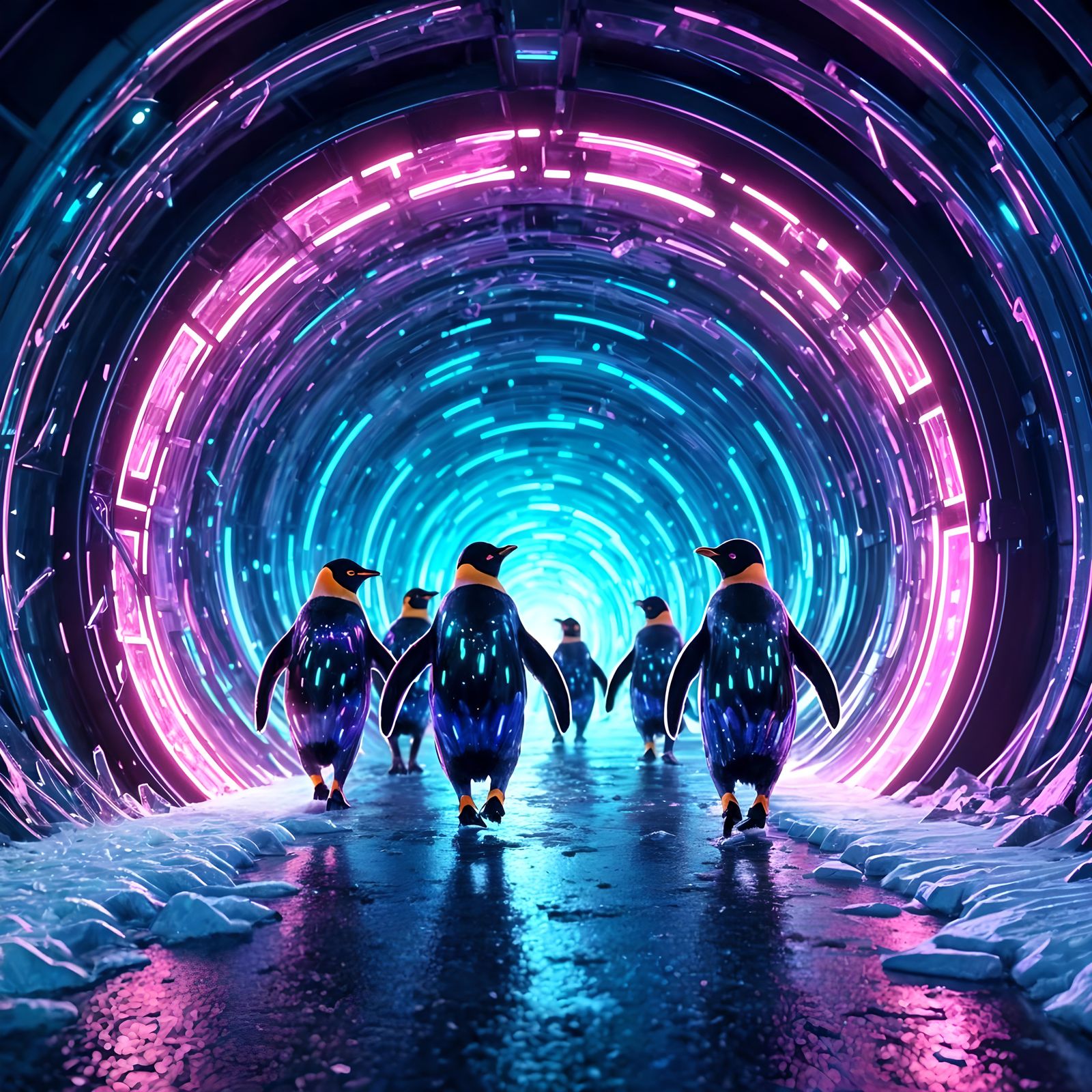 Robotic Penguins Disco Race in Neon Ice Tunnel