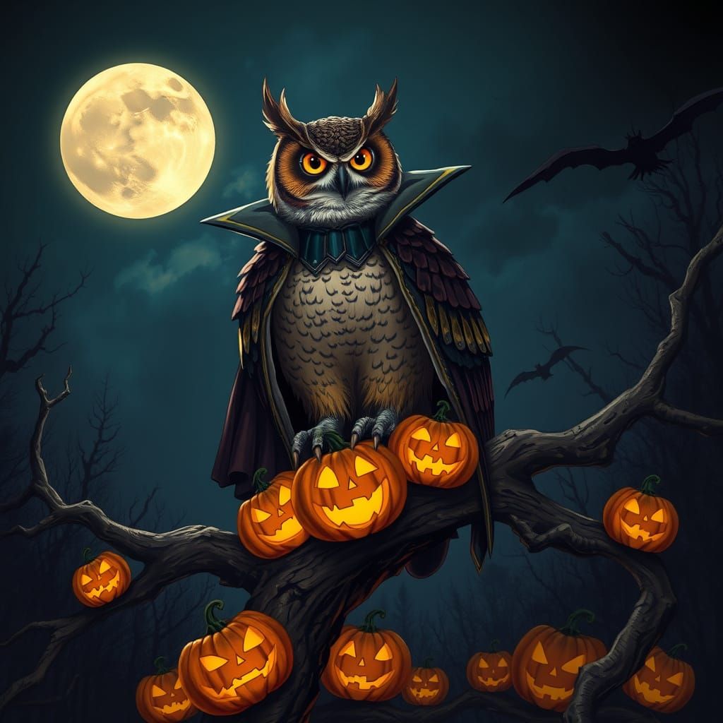 Regal Owl in Vampire Cape on Moonlit Branch