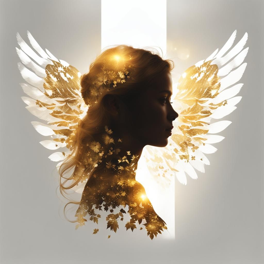 Golden Angelic Silhouette in Double Exposure