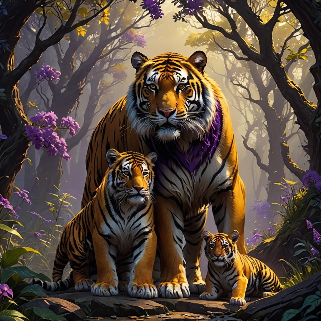 Albion Tiger With Cubs: Dark Fantasy Concept Art