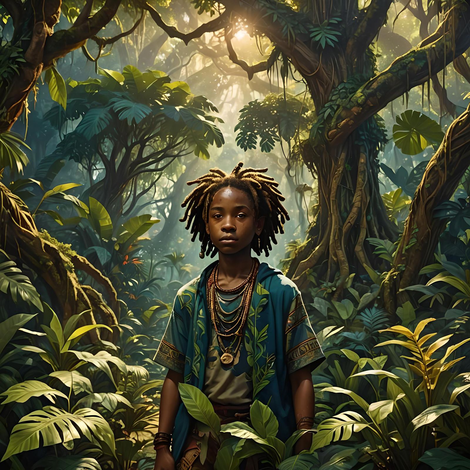 African Boy in Jungle: Detailed Matte Painting