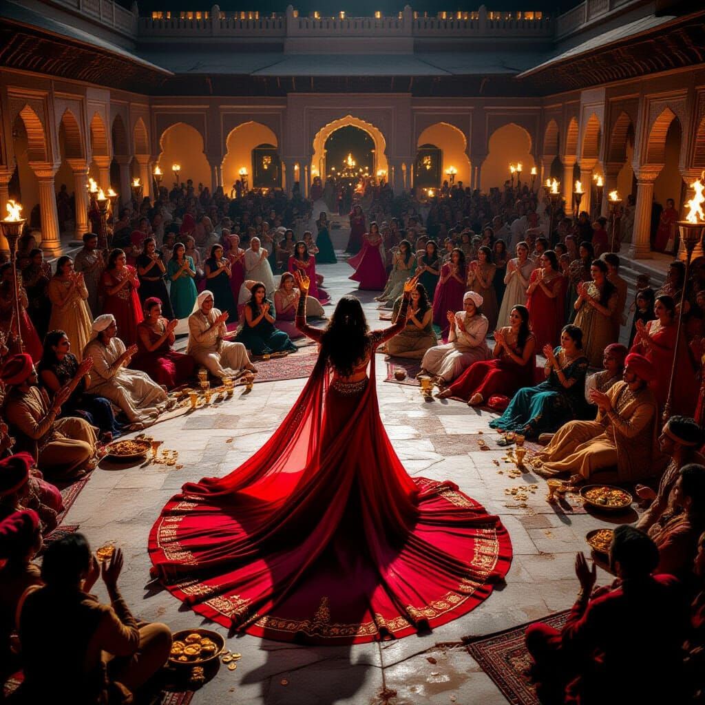 Cinematic Night Aerial of Ancient Palace Courtyard Gathering