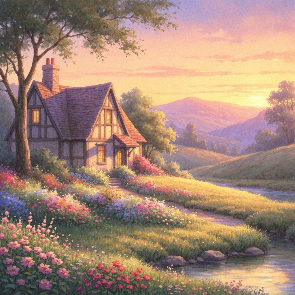 Watercolor Cottage in Rolling Hills at Sunset