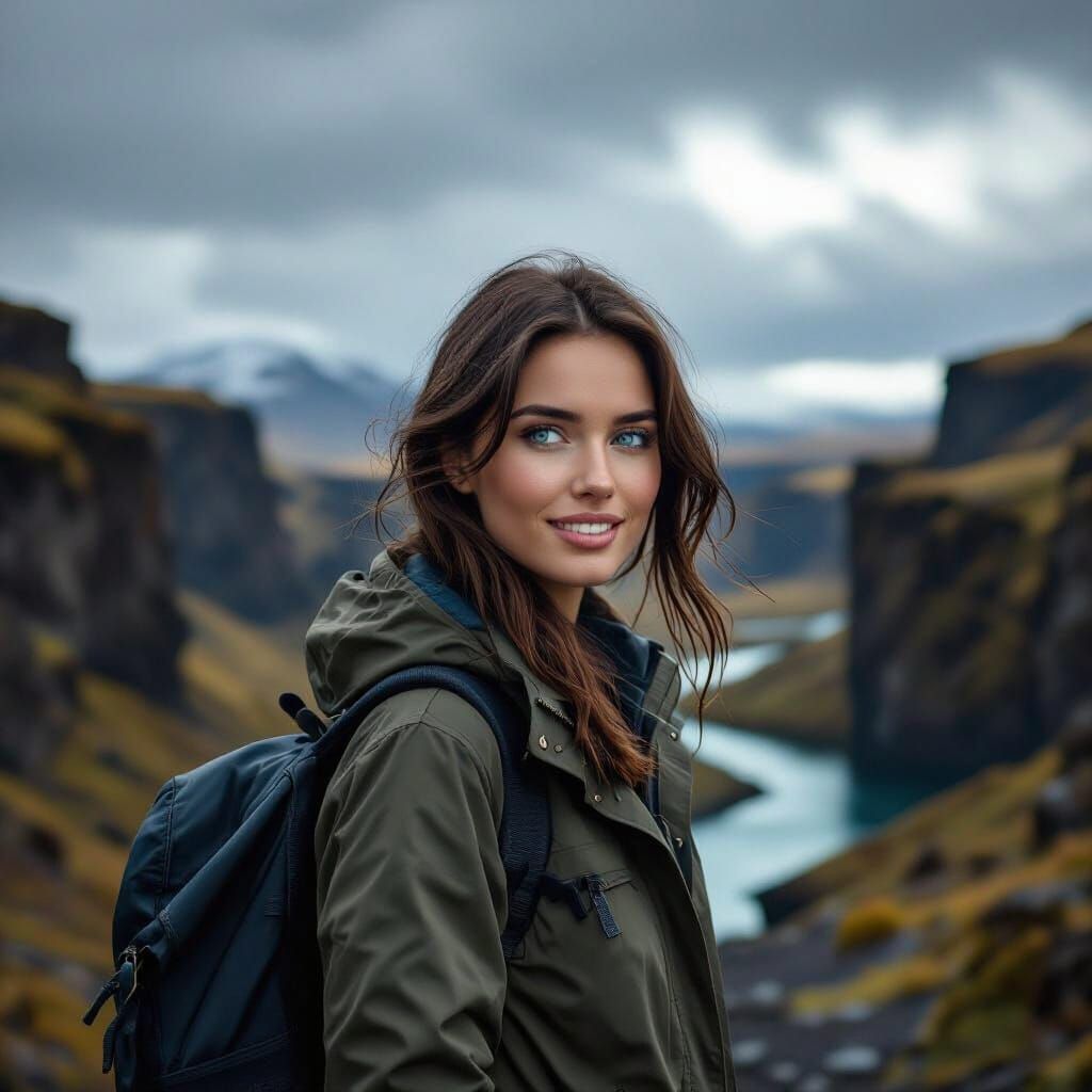 Scenic Iceland Gorge with Woman and Dramatic Light