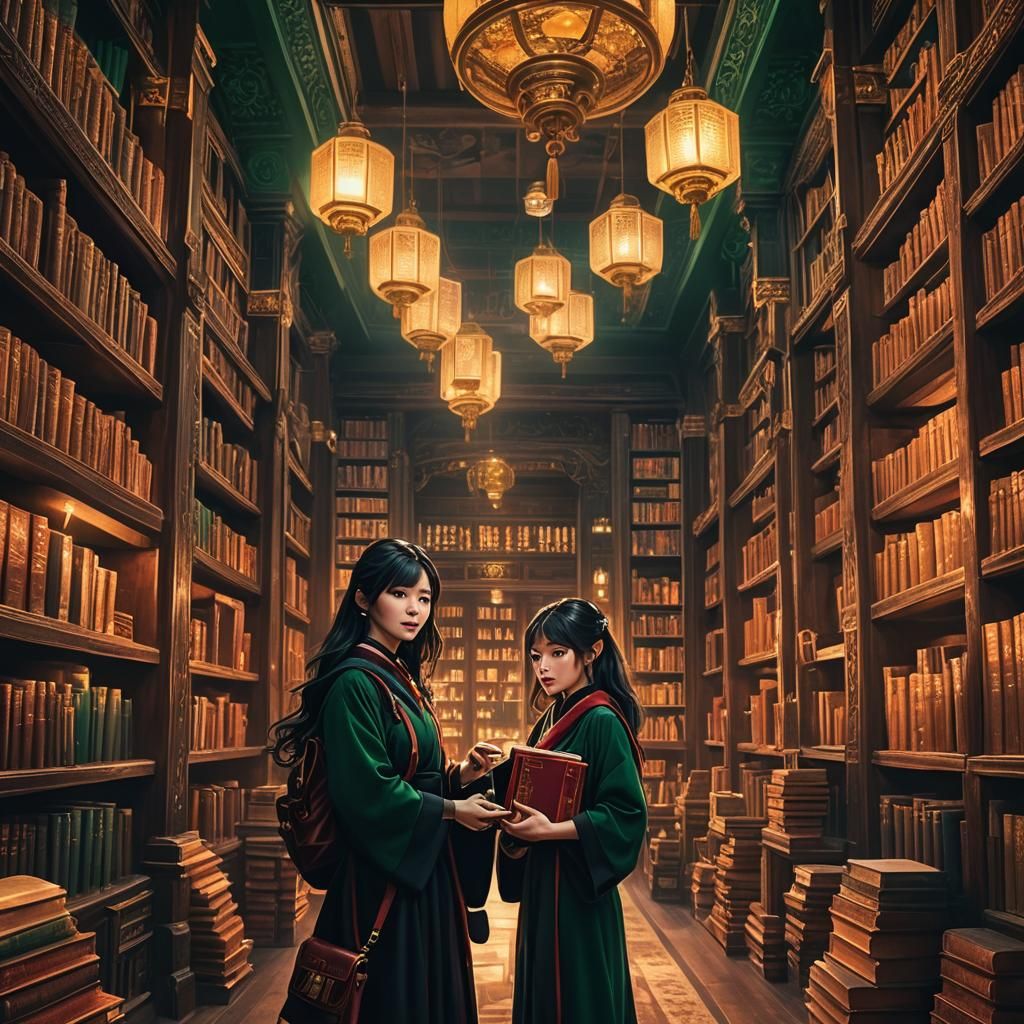 Asian Girl in Library: Fantasy Concept Art