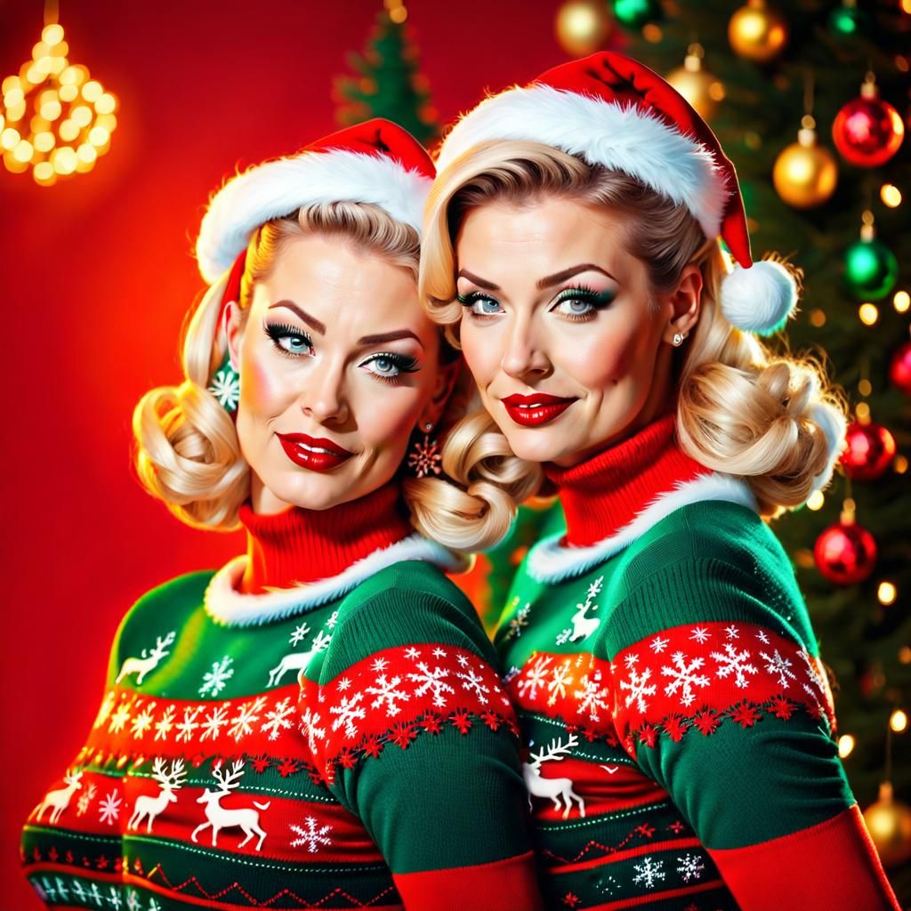 Sultry Twin Sisters Rock Retro Pin-up Holiday Style in Festi...