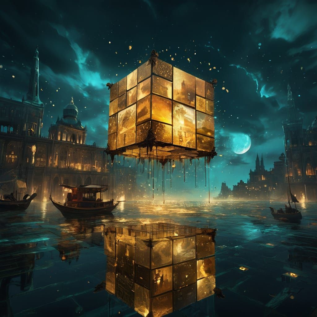 Golden Dreamscapes: Fantastical Cubes Illuminating a Teal an...