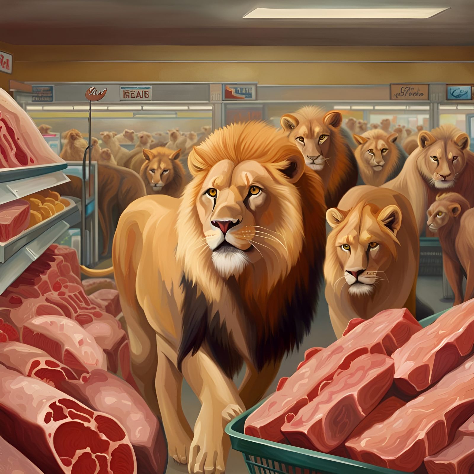 Lions Supermarket Shopping Trip: Realistic Oil Painting