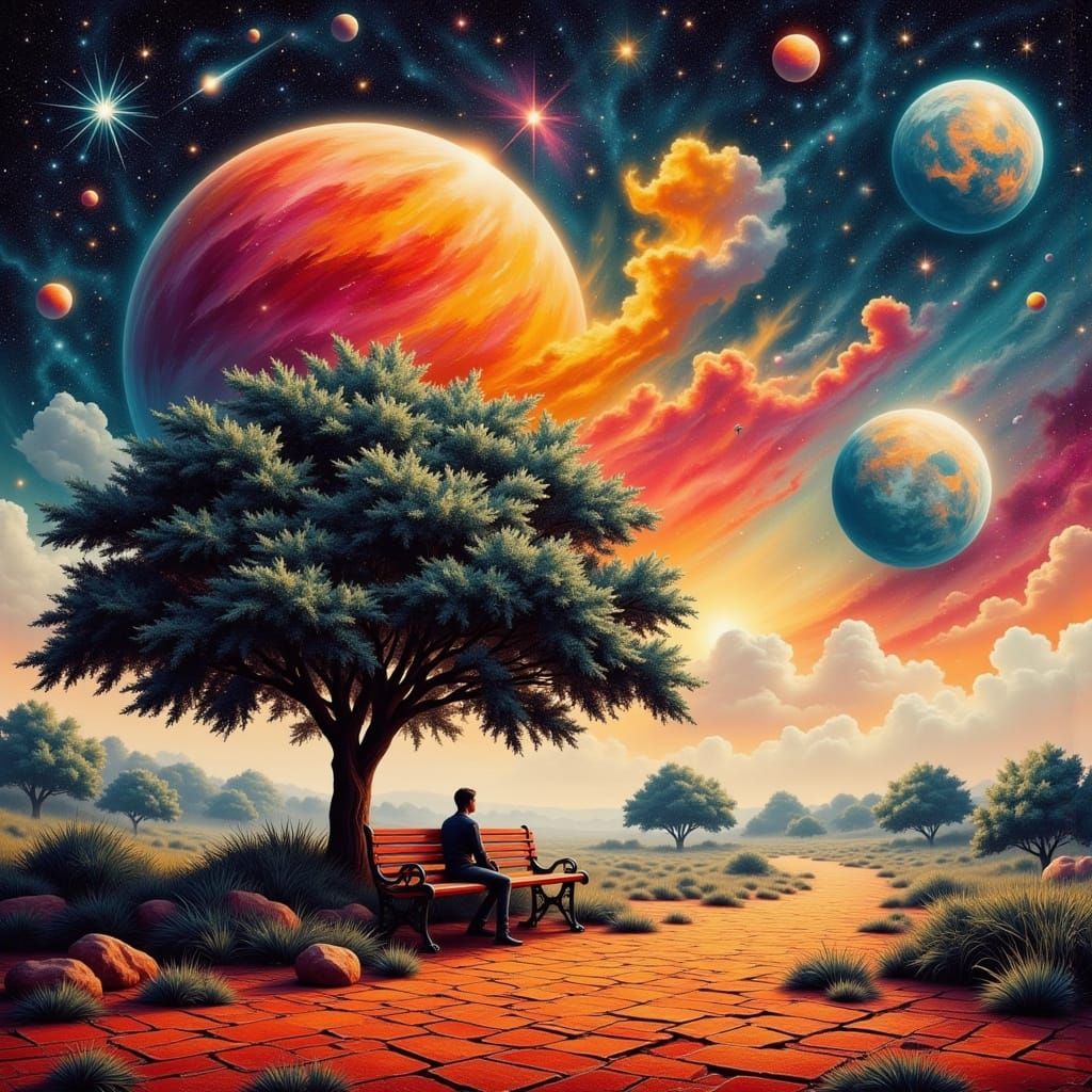 Cosmic Dreamscape: Person on Bench Under Tree with Planet Sk...