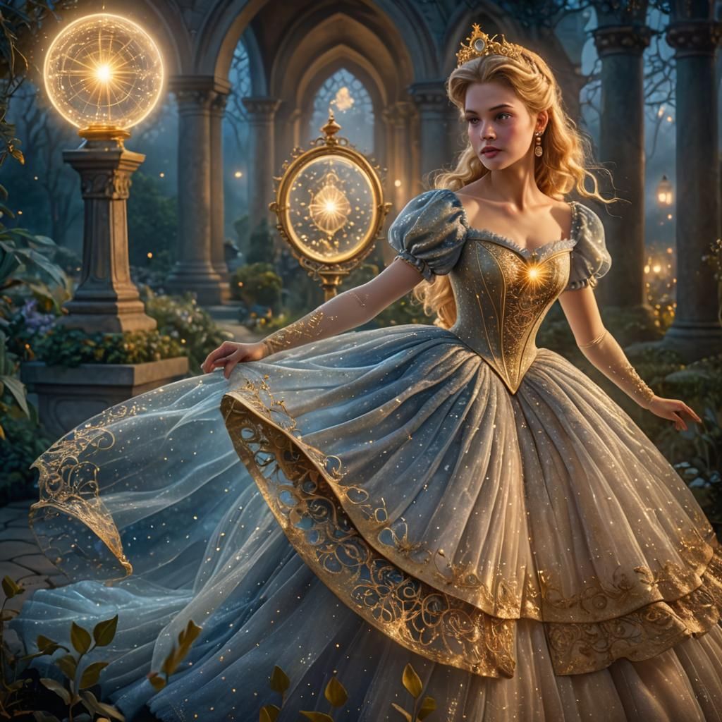 Cinderella in Glass Dress in Moonlit Garden