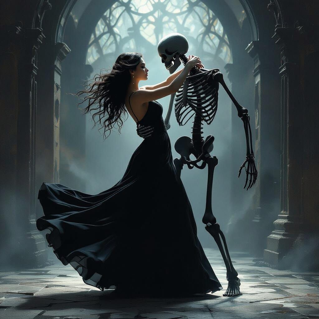Dancing with Death: A Mystical Chiaroscuro Scene