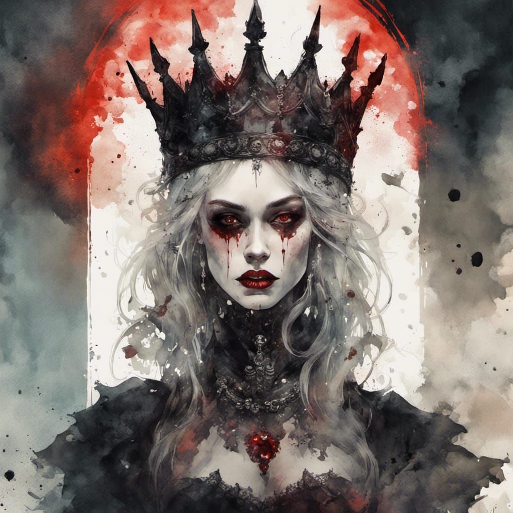 Watercolor Vampire Queen with Crown and Fangs