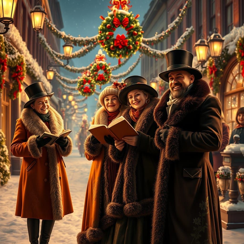 Joyful Victorian Carolers in Festive Winter Wonderland