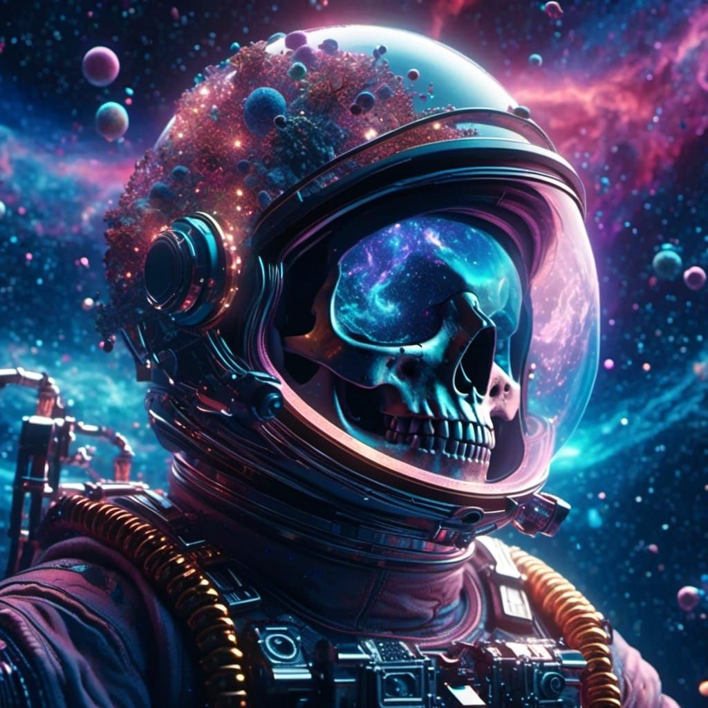 Astronaut Skull Floating in Cosmic Ocean