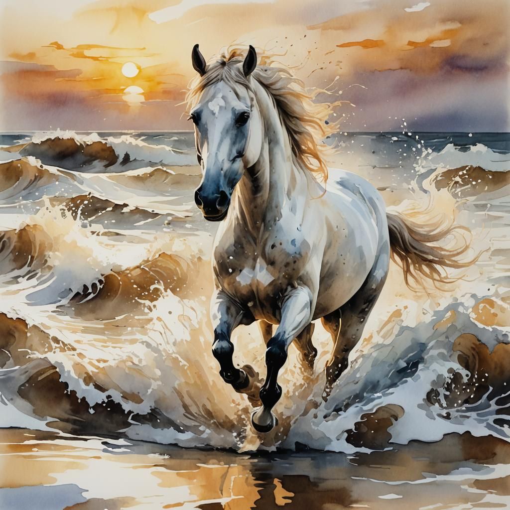 White Horse Galloping at Sunrise, Ink Painting