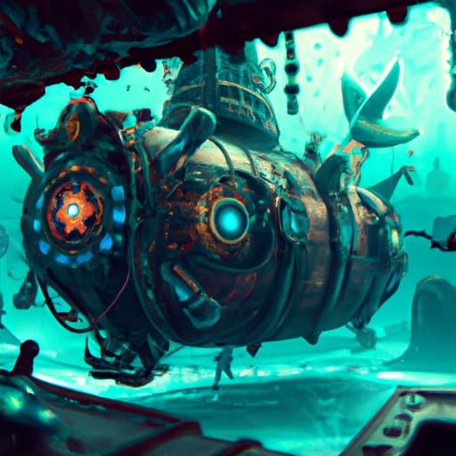 Steampunk Submarine Exploring Atlantis: Detailed Matte Paint...