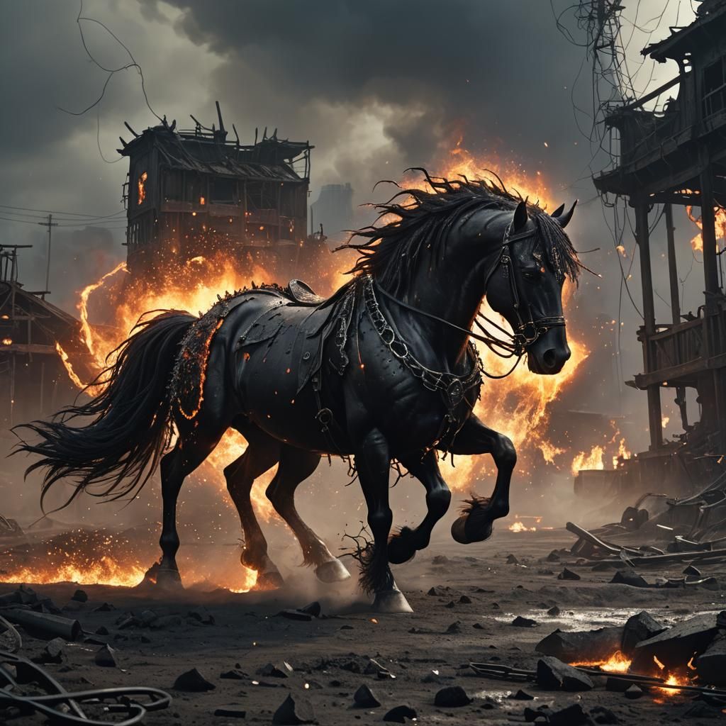 Fiery Armored Horse in Dystopian Landscape: Digital Art