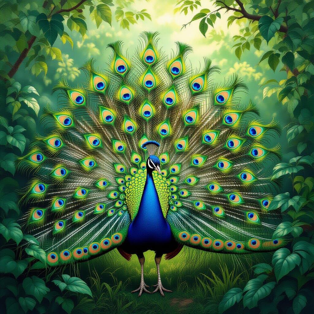 Iridescent Peacock Display in Lush Foliage