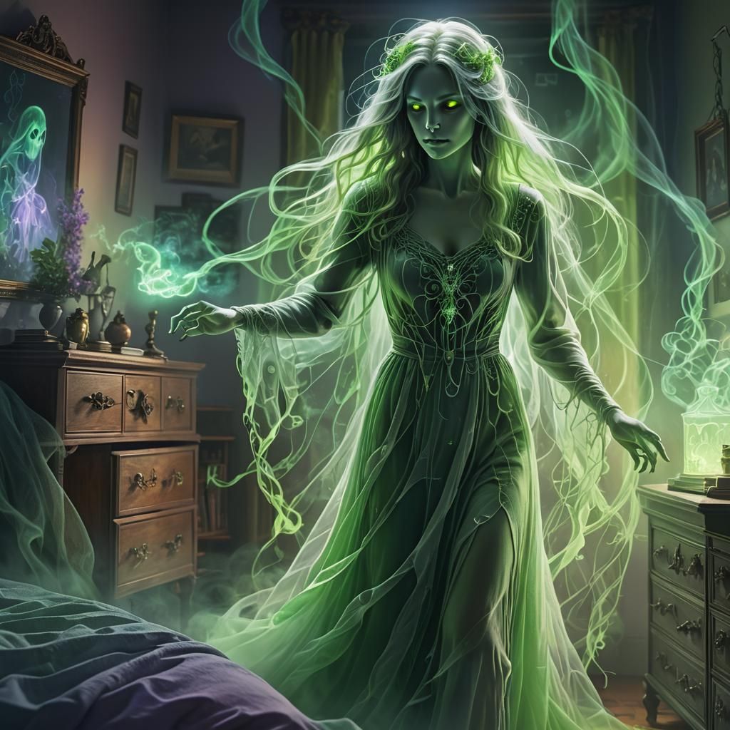 Ethereal Lady Ghost in Neon Mist - Fantasy Art