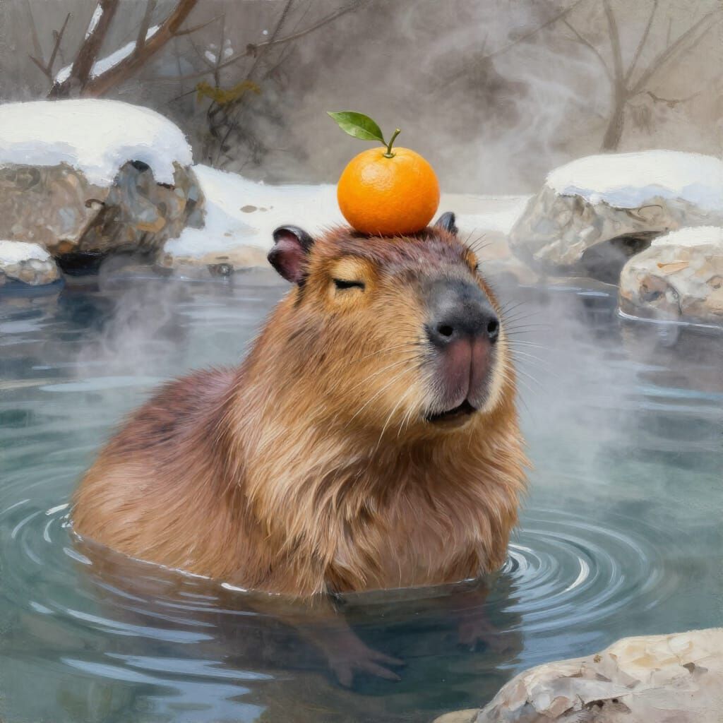 Zen Capybara Enjoys Hot Spring with Yuzu