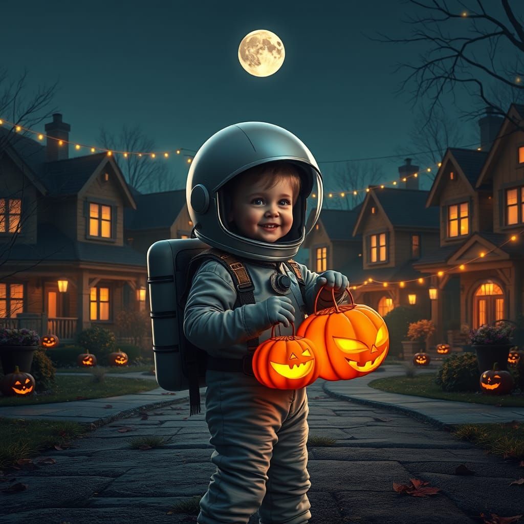 Little girl dressed as an astronaut going trick or treating