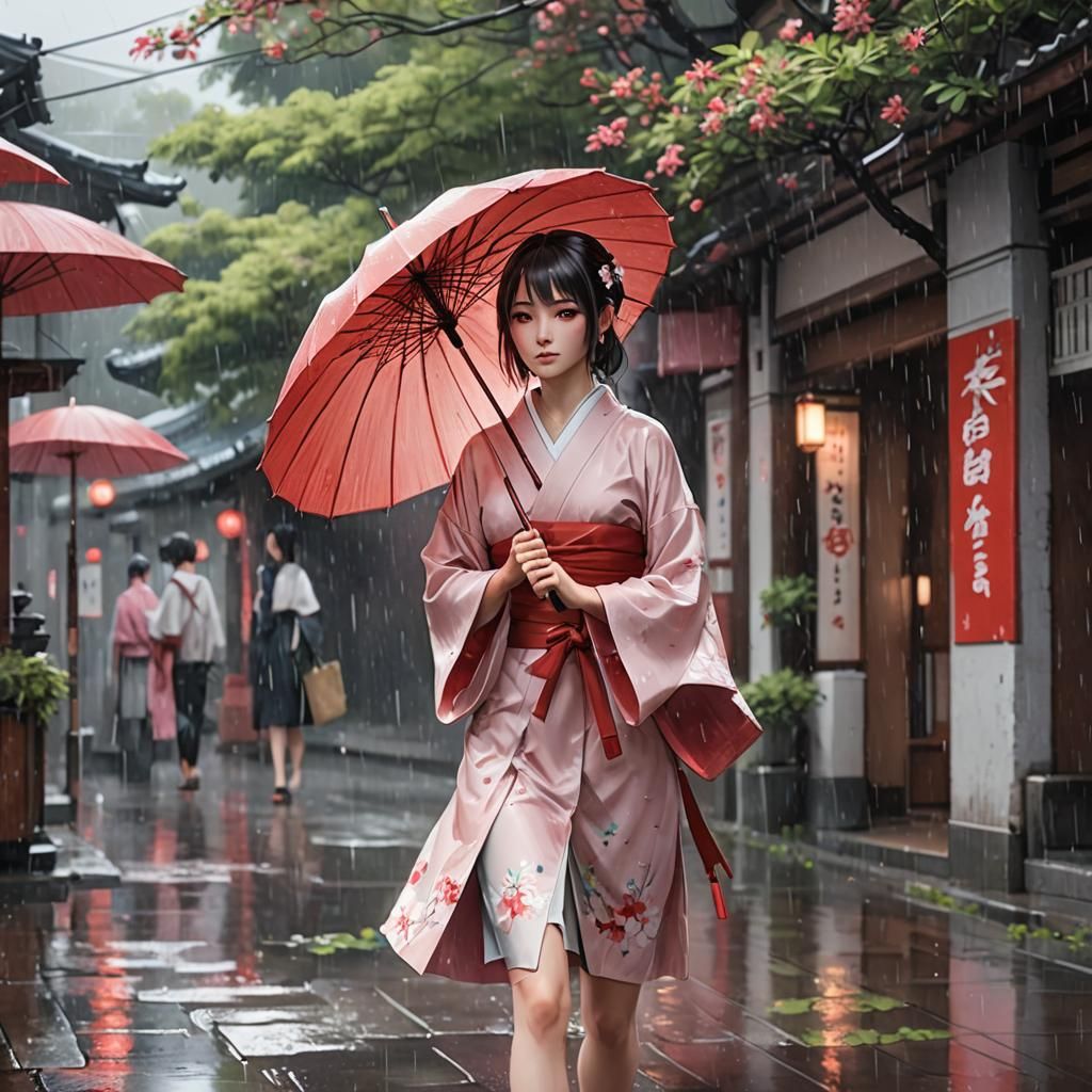 Girl in Kimono with Umbrella Watercolor Painting