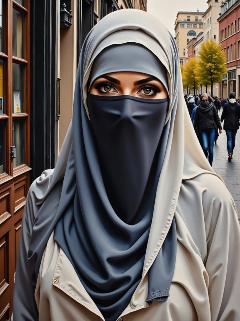 Fair-Skinned Niqabi Woman in City, Oil Painting