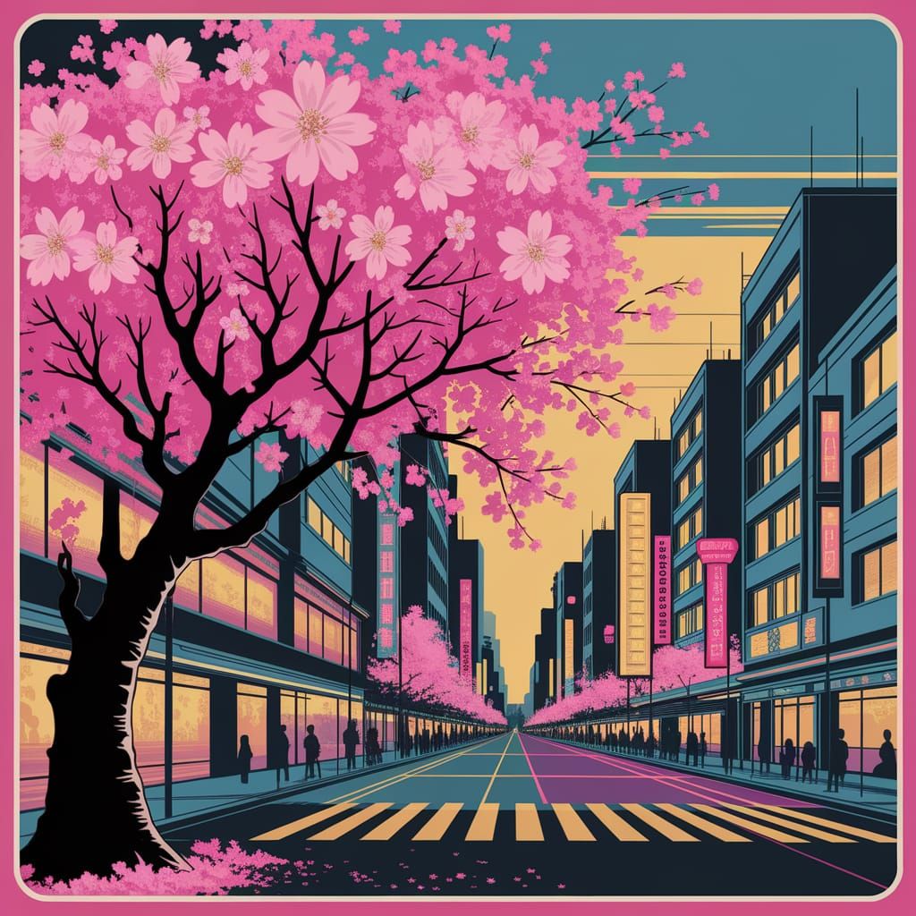 Vibrant Cherry Blossom Cityscape in Japanese Pop Art Style