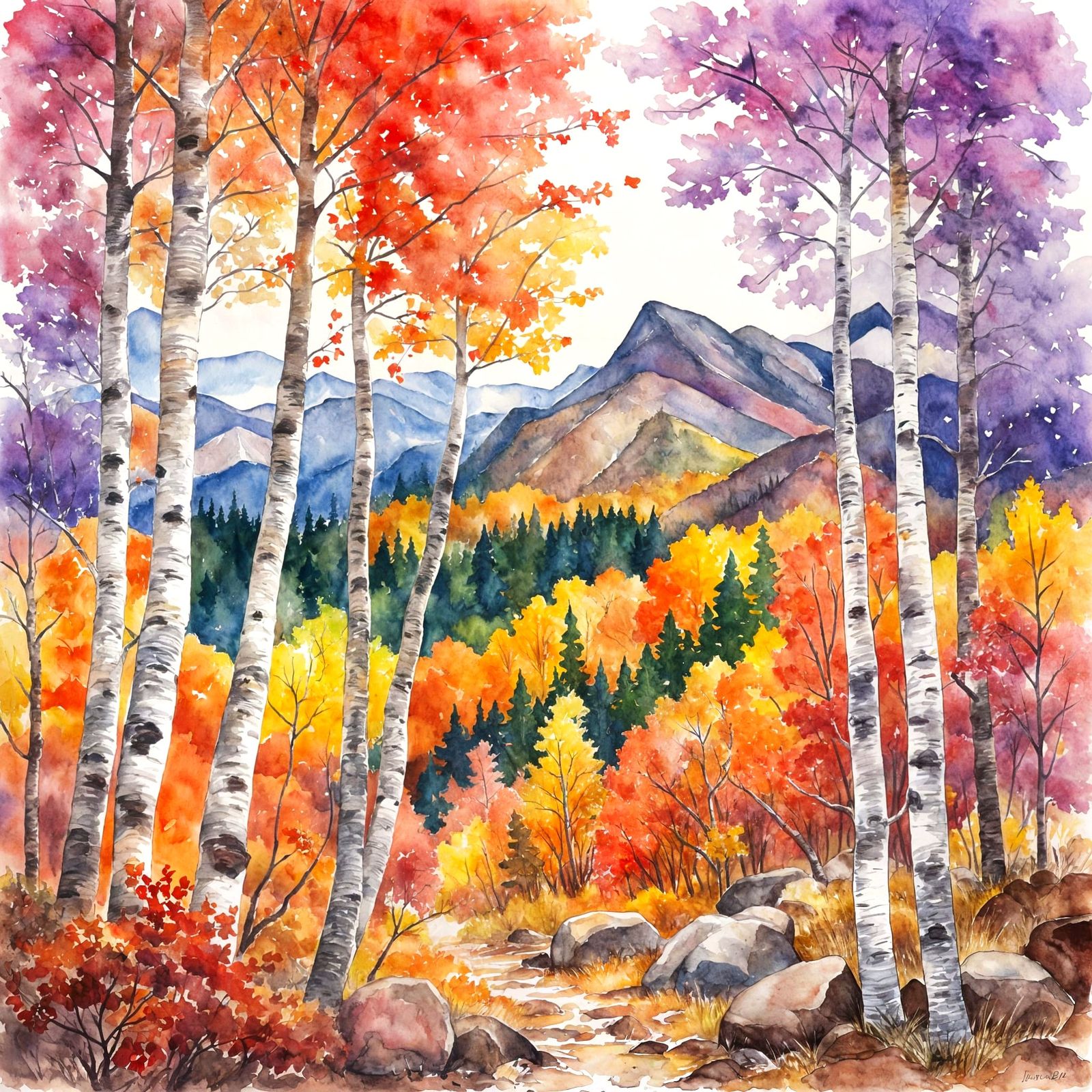 Vibrant Autumn Forest Painting with Mountain Backdrop